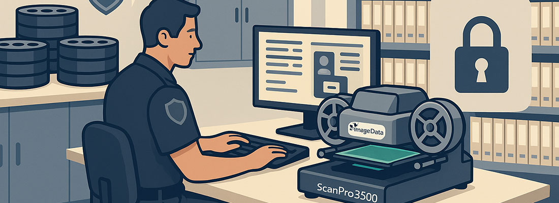 Vector illustration of a police officer digitizing microfilm using a ScanPro All-In-One scanner in a secure law enforcement records room. The scene includes surveillance cameras, organized file storage, and a large lock icon symbolizing data security.