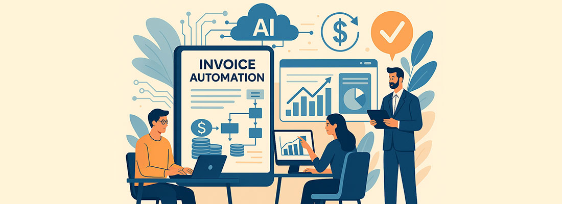 AI-Powered Invoice Automation Workflow in a Modern Office Vector illustration of a modern office scene featuring finance professionals using AI-powered invoice automation tools, digital dashboards, and real-time data visualizations to streamline accounts payable processes.