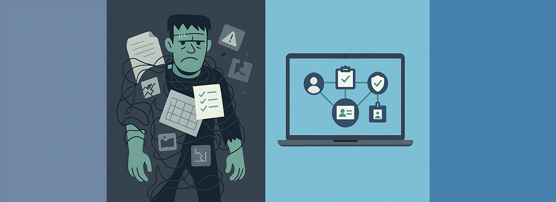 HR Workflow Automation: The Cure for Your Frankensystem Nightmare A flat vector-style digital illustration depicting a contrast between outdated and modern HR systems. On the left, a disorganized Frankenstein-like humanoid made of tangled wires, documents, and broken apps represents a chaotic "Frankensystem." The background is dark and cluttered, emphasizing stress and inefficiency. On the right, a clean, modern laptop displays an organized HR automation dashboard with icons for onboarding, compliance, and employee management. The background transitions to a calming blue, symbolizing clarity, integration, and digital transformation.