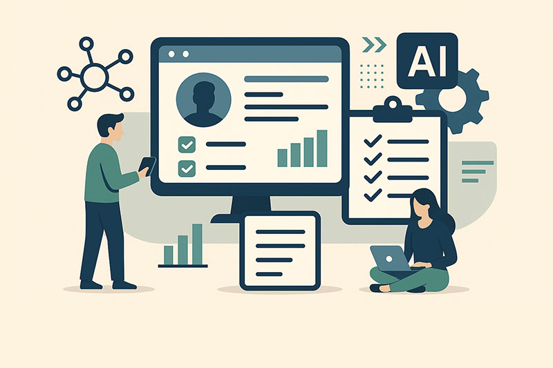 A modern digital illustration depicting HR workflow automation, featuring a central computer monitor displaying employee data, surrounded by icons representing AI, cloud storage, and document routing. Two characters—a man using a smartphone and a woman on a laptop—highlight remote access and digital collaboration. The layout uses flat design with a blue, green, and beige color scheme, illustrating streamlined HR processes through technology.
