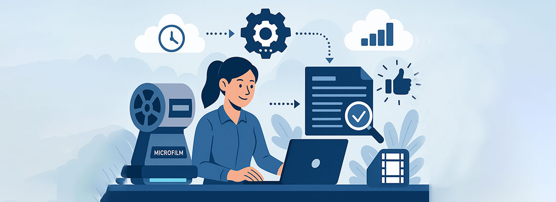 Illustration of a woman with dark hair in a ponytail sitting at a desk using a laptop. Surrounding her are icons representing automation benefits such as a gear, clock, checkmark document, thumbs-up, and data chart. A microfilm scanner is positioned next to the laptop, and the background features soft plant shapes and blue tones, conveying efficiency and digital workflow.