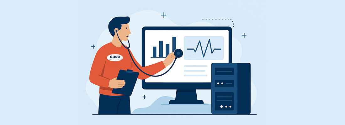 A digital illustration showing a technician using a stethoscope on a computer monitor displaying bar graphs and a heartbeat line, symbolizing a system health check for AppEnhancer. The scene includes a clipboard, a server tower, and abstract blue shapes in the background, conveying the concept of proactive system maintenance.