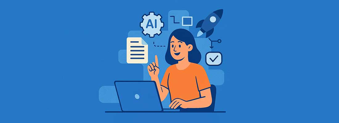 Illustration of a woman using AI-powered software on a laptop, symbolizing AppEnhancer and ECM Toolbox Scan workflow automation in a modern digital workplace.