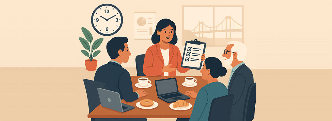 Flat-style wide illustration of four professionals seated around a conference table at 9:00 AM with coffee and pastries, laptops open. A woman in a coral blazer presents a checklist on a clipboard while two colleagues listen and an older man observes. A large clock shows 9 AM and a bridge silhouette is visible through the window, evoking a New York setting and a breakfast facility tour.